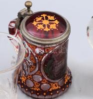 cca 1840-1880, 6 darab biedermeier pohár és korsó, közte címeres darabbal, pattogzásokkal, sérülések...