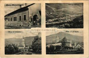 Libetbánya, Libethen, Lubietová; Hostinec, Potravné druzstvo, ev. kostol, rk. kostol / templomok, vendéglő és szövetkezeti üzlet / churches, restaurant and shop (ázott / wet damage)