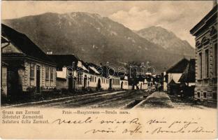1905 Zernest, Zernyest, Zarnesti; Fő tér / Hauptstrasse / Strada mara / main square + "ZERNEST - BRASSÓ 202. SZ." vasúti mozgóposta bélyegző (EK)