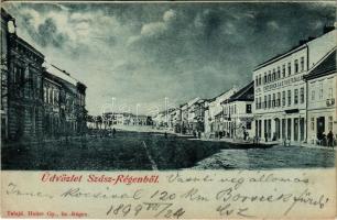1899 (Vorläufer) Szászrégen, Sächsisch-Regen, Reghin; utcakép, szálloda, Georg Fall üzlete. Heiter Gy. tulajdona / street view, hotel, shops (EK)
