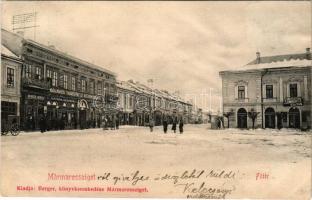 Máramarossziget, Sighetu Marmatiei; Fő tér, Otthon Kávéház, Máramarosi Takarékpénztár Részvénytársaság, Zombory C. Zoltán, Berger Miksa üzlete és saját kiadása / main square, café, savings bank, shops (gyűrődések / creases)