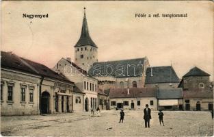 1907 Nagyenyed, Aiud; Fő tér, református templom, mészáros és hentes üzlet. Winkler János kiadása / main square, Calvinist church, butcher shop (EB)