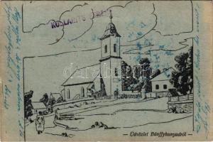 1940 Magyarókereke, Majerou, Alunisu (Bánffyhunyad, Huedin); Magyarókereki református templom / Calvinist church in Alunisu + "1940 Bánffyhunyad visszatért" So. Stpl. (EK)