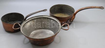 3 darab antik vörösréz lábas, d: 26 cm alatt, h: 39 cm alatt