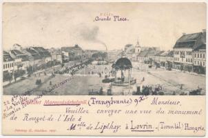 1905 Marosvásárhely, Targu Mures; Fő tér, Bodor kút, üzletek. Petróczy G. 1905. / main square, well, shops (EB)