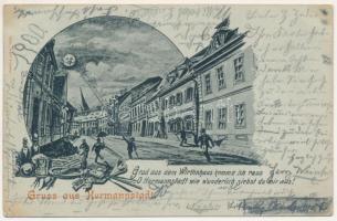 1900 Nagyszeben, Hermannstadt, Sibiu; Grad aus dem Wirthshaus... / részeg férfiak éjjel montázs / drunken men at night montage (EK)