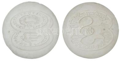 1979. "A Pénzügyi Törvény kiadása alkalmából" emlékérem-tervezet gipsz előlapi és hátlapi NEGATÍV nagyminta (157mm) T:AU,XF ph. Hungary 1979. "On the occasion of the issuance of the Finance Act" commemorative medal's plan obverse and reverse NEGATIVE large plaster sample (157mm) C:AU,XF edge error