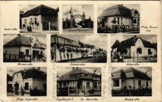 1933 Szekszárd, mozaiklap: Sudár villa, Levente sporttér, Nagy Ferenc villa, Molnár villa, Levente utca, Szüts villa, Nagy Lajos villa, Dr Bíró villa, Mohay villa. Borgula felvételei, Szekszárdi Levente Egyesület kiadása (EB)