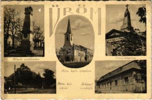 1944 Üröm, Római katolikus iskola, Hősök emlékműve, Schieszl vendéglő, Orosz kápolna. Milcz Károly dohánytőzsde kiadása (Rb)