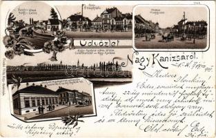 1900 Nagykanizsa, Főtér, Petőfi utca, Fő utca, Cs. és kir. 48. gyalogezred laktanyája. Fischel Fülöp Art Nouveau, floral, litho (Rb)