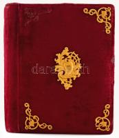 Bordó bársonyborítású, fém rátétekkel díszített régi fotóalbum kabinetfotók, vizitkártyák számára, e...