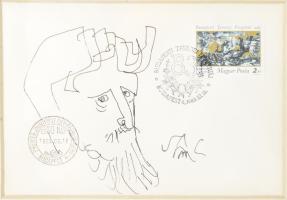 Szász Endre (1926-2003): Arckép. Tus, papír, jelzett, 11x16 cm. FDC-n. Üvegezett fakeretben.