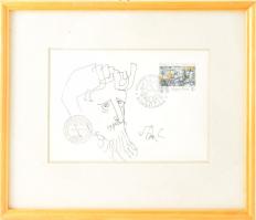 Szász Endre (1926-2003): Arckép. Tus, papír, jelzett, 11x16 cm. FDC-n. Üvegezett fakeretben