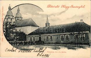 Nagysurány, Velké Surany; Római katolikus templom és iskola. Schwarcz Henrik kiadása / Roman Catholic church and school (Rb)