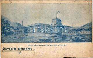 1900 Monor, Szent Margit artézi és gőzfürdő látképe (vágott / cut)