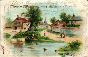 1903 Mélykút (Jánoshalma), utcakép, híd. litho (kopott sarkak / worn corners)