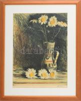 Ősz Dénes (1915-1980): Csendélet. Színes rézkarc, papír, jelzett, üvegezett fakeretben, 38×28,5 cm