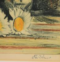 Ősz Dénes (1915-1980): Csendélet. Színes rézkarc, papír, jelzett, üvegezett fakeretben, 38×28,5 cm