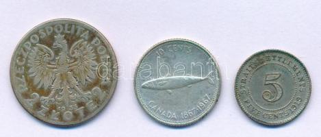 Malaka-szorosi Telepek / Brit Malajzia 1919. 5c billon "V. György" + Lengyelország 1933MW 2Zl Ag "Polonia" + Kanada 1967. 10c Ag "II. Erzsébet - Kanada fennállásának 100. évfordulója" T:VF,F, patina Straits Settlements / British Malaysia 1919. 5 Cents billon "George V" + Poland 1933MW 2 Zlotys Ag "Polonia" + Canada 1967. 10 Cents Ag "Elizabeth II - 100th Anniversary of Canada" C:VF,F, patina  Krause KM#31, Y#20, KM#67a