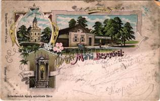 1900 Máriabesnyő (Gödöllő), Neszveda vendéglő, étterem, besnyői templom, kegykép. Schwidernoch Károly Art Nouveau, floral, litho (EM)