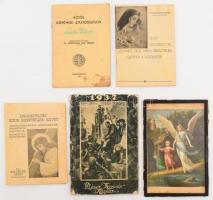 Angyalt ábrázoló színes litográfia, üvegezve, 16x11 cm + 4 db vallási témájú kiadvány, vegyes állapotban