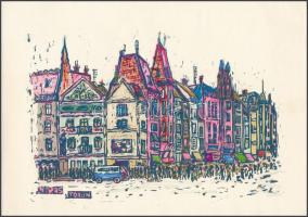 Nolipa István Pál (1907-1986): Torun, utcarészlet (Lengyelország), 1975. Színezett linómetszet, papír. Jelzett a metszeten. 18x25 cm.