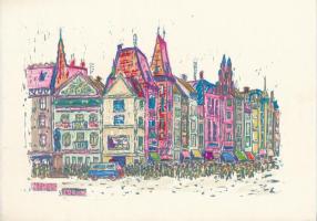 Nolipa István Pál (1907-1986): Torun, utcarészlet (Lengyelország), 1975. Színezett linómetszet, papír. Jelzett a metszeten. 18x25 cm.