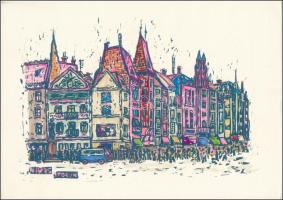Nolipa István Pál (1907-1986): Torun, utcarészlet (Lengyelország), 1975. Színezett linómetszet, papír. Jelzett a metszeten. 18x25 cm.