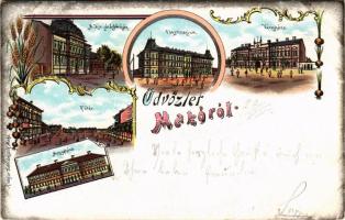 1900 Makó, Megyeháza, Fő tér, M. kir. járásbíróság, főgimnázium, városháza. Kiadja Gaál László. Art Nouveau litho (EK)