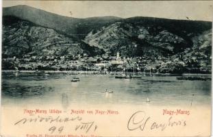 1899 (Vorläufer) Nagymaros, Nagy-Maros látképe, gőzhajó. Ifj. Heinczinger Mihály kiadása (EB)