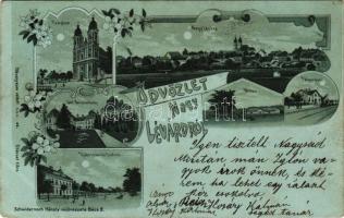 1899 (Vorläufer) Nagylévárd, Velké Leváre; templom, Gróf Wenckheim kastély, Vasútállomás, Ménes, Hubertinum és Fő utca / Kirche, Schloss, Bahnhof, Gestütt / church, castle, railway station,stud farm, main street. Karl Schwidernoch Art Nouveau, floral, litho (EK)