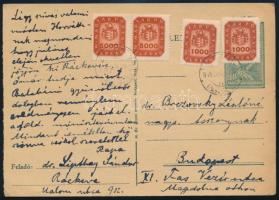 1946 18f díjjegyes levelezőlap 5.000 milpengő pár + 2 x 1.000 milpengő díjkiegészítéssel, az 5.000 milpengő pár elfogazva