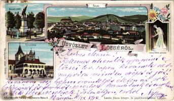 1894 (Vorläufer!!!!) Lőcse, Levoca; Honvéd emlékmű, látkép, városháza, Lőcsei fehér asszony. Schwidernoch Károly műintézete, Latzin János kiadása / military monument, general view, town hall. Art Nouveau, floral, litho (EM)