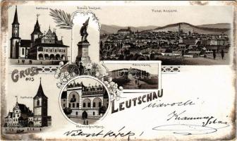 1903 Lőcse, Leutschau, Levoca; Rathaus, Honvéd Denkmal, Marienberg, Total Ansicht, Historisches Haus / városháza, Honvéd emlékmű, látkép, Thurzó féle ház. Braun Fülöp kiadása / town hall, Hungarian military monument, general view, mansion. Art Nouveau, floral, litho (apró szakadások / tiny tears)