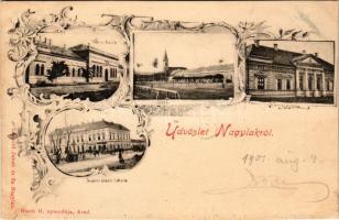 1901 Nagylak, Nadlac; Városháza, Városi óvoda, Fő tér, állami elemi iskola, üzletek. Leopold Jakab és fia kiadása, Bloch H. nyomdája / town hall, kindergarten, main square, school, shops. Art Nouveau, floral (vágott / cut)