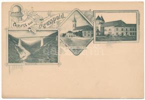 Nagyapold, Grosspold, Apoldu de Sus; Teufelsbrücke, Kirche und Schule, Kirche im Jahre 1860 / Ördög vasúti híd, templomok, iskola. And. Glatz / railway bridge, churches, school. Art Noueau, floral (Rb)