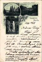 1899 (Vorläufer) Marilla, Marillavölgy, Marila; Sanatorium Marilla, Marilla en Profil / Szanatórium, Minnis-hegyszoros, Zsittin-vízesés / sanatorium, mountain pass, waterfall, spa. Art Nouveau, floral (kopott sarkak / worn corners)