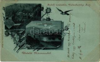 1899 (Vorläufer) Erdészvölgy, Kuzij (Lonka, Luh; Tisza-völgy, Máramaros); Kuzi, Rudolf trónörökös vadászkastélya, Tisza Lankánál este holdfényben. Kaufmann Ábrahám kiadása / hunting lodge, river Tisza at night in moonlight. Art Nouveau, floral (kis szakadások / small tears)