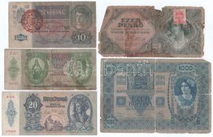 Vegyes, 9db-os magyar bankjegy tétel, közte 1915. 10K piros "MAGYARORSZÁG" felülbélyegzéss...