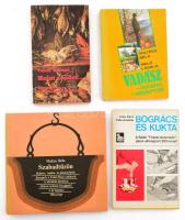 4 darab receptkönyv. Soltész Béla - Méló László: Vadászírások, vadász receptek. Bp.,1987,Sport. Kiadói papírkötés + Tolnai Kálmán: Halat, s vadat. Szakácskönyv horgászoknak, vadászoknak. Bp., 1983. Népszava. Kiadói papírkötésben + Balyó Mária-Pelle Józsefné: Bogrács és kukta. + Makay Béla: Szabadtűzön. Halász-, vadász- és pásztorételek. Recept a Felső-Tisza vidékéről. Bp., 1984., Mezőgazdasági. Kiadói kartonált papírkötés.