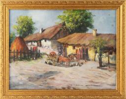Németh György (1888-1962): Lovasszekér a tanyán. Olaj, karton, jelzett. Dekoratív, üvegezett fakeretben. 29,5x39,5 cm