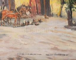 Németh György (1888-1962): Lovasszekér a tanyán. Olaj, karton, jelzett. Dekoratív, üvegezett fakeret...