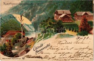 1898 (Vorläufer) Erdészvölgy, Kuzij (Lonka, Luh; Tisza-völgy, Máramaros); Rudolf trónörökös vadászkastélya, vízfogó. Üdvözlet Máramarosból! Mayer és Berger kiadása / Greetings from Maramures! Hunting castle, dam. Art Nouveau, litho (EK)