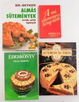 4 darab receptkönyv. Lajos Mari-Hemző Károly: 99 Sütemény és torta 33 színes ételfotóval. Bp.,1986,Corvina. Kiadói kartonált papírkötés + Dr Oetker almás sütemények. + Mária Hajková: Édeskönyv. Fordították Schiller Lívia. Pozsony, 1986, Madách. Kiadói kartonált papírkötés. + A mi süteményes könyvünk. Váncza könyv. Bp.,1936, Váncza és Társa, egészvászon kötés.