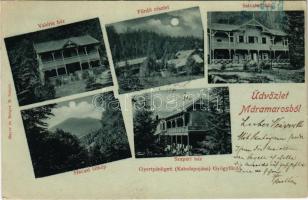 1899 (Vorläufer) Gyertyánliget, Polyana-Gyertyánliget, Kabola Polyána, Kobyletska Poliana (Máramaros, Maramures); Valéria, Szapári és Salvator ház, fürdő, havasi látkép, este. Mayer és Berger kiadása / villas, spa, night (EK)