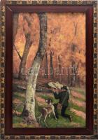 Pólya T jelzéssel: Vadász kutyájával, olaj, vászon, kartonon. Dekoratív, sérült fakeretben, 48×31 cm