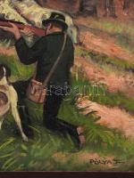 Pólya T jelzéssel: Vadász kutyájával, olaj, vászon, kartonon. Dekoratív, sérült fakeretben, 48×31 cm