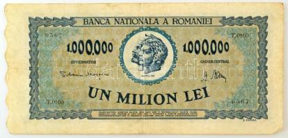Románia 1947. 1.000.000L "T.0100 0567" T:F, pici szakadás Romania 1947. 1.000.000 Lei "T.0100 0567" C:F, tiny tear Krause P#60a