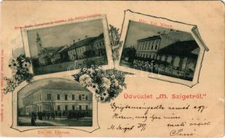 1899 (Vorläufer) Máramarossziget, Sighetu Marmatiei; Római katolikus templom és gimnázium, állami felsőbb leányiskola, Mária Valéria nőnevelő intézet, református líceum. Kaufmann Ábrahám kiadása / Roman Catholic church, high school, girls' school, Calvinist school. Art Nouveau, floral (EM)