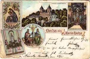 1906 Máriaradna, Radna (Lippa, Lipova); Gnadenbild zu Maria-Radna, Kirche, Inneres der Kirche, Maria Lourdes-Statue, Heil. Dreifaltigkeitsgruppe / Kegytemplom, Kegyelemkép, Szentháromság szobor, templom belseje, Lourdes-i Mária szobor / pilgrimage church, interior. Fischer G. Art Nouveau, floral, litho (szakadás / tear)
